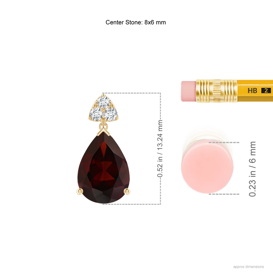 8x6mm A Pear-Shaped Garnet Drop Earrings with Trio Diamonds in Yellow Gold ruler