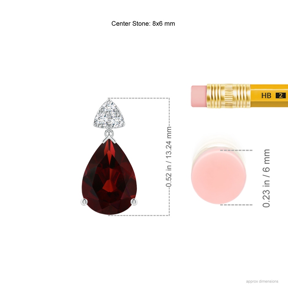 8x6mm AA Pear-Shaped Garnet Drop Earrings with Trio Diamonds in S999 Silver ruler