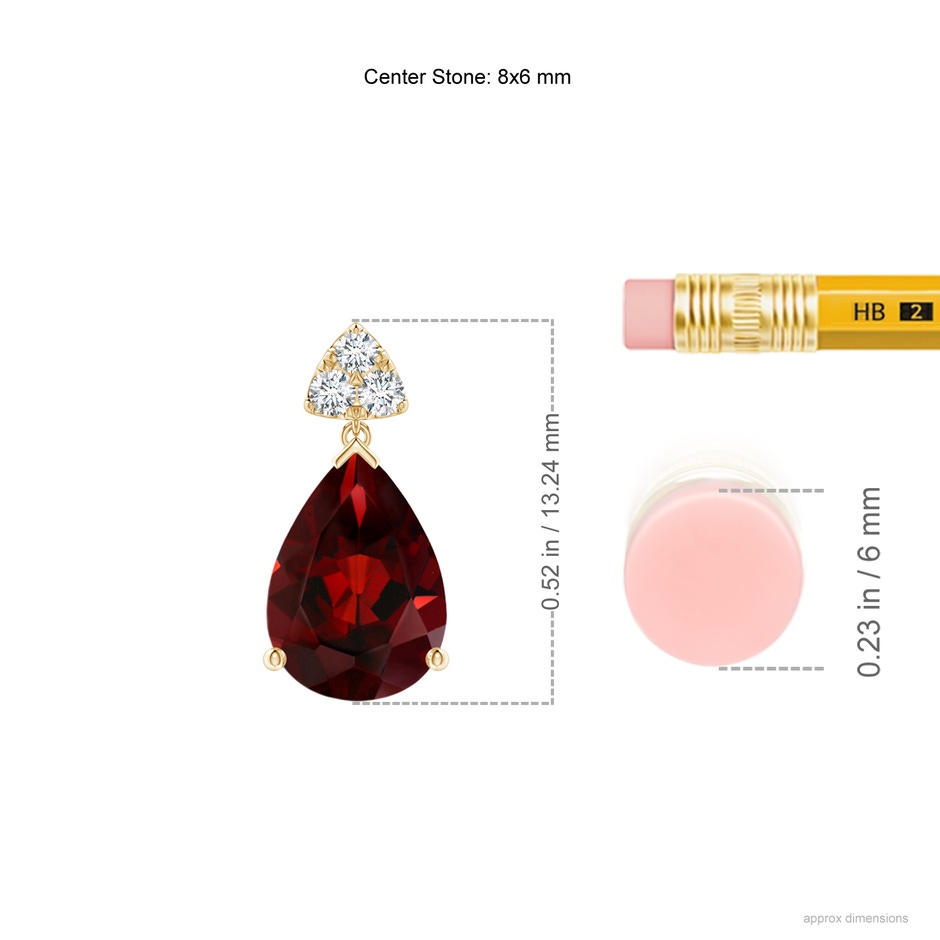 8x6mm AAA Pear-Shaped Garnet Drop Earrings with Trio Diamonds in Yellow Gold ruler