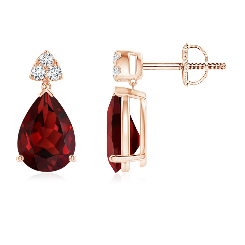 8x6mm AAAA Pear-Shaped Garnet Drop Earrings with Trio Diamonds in Rose Gold 