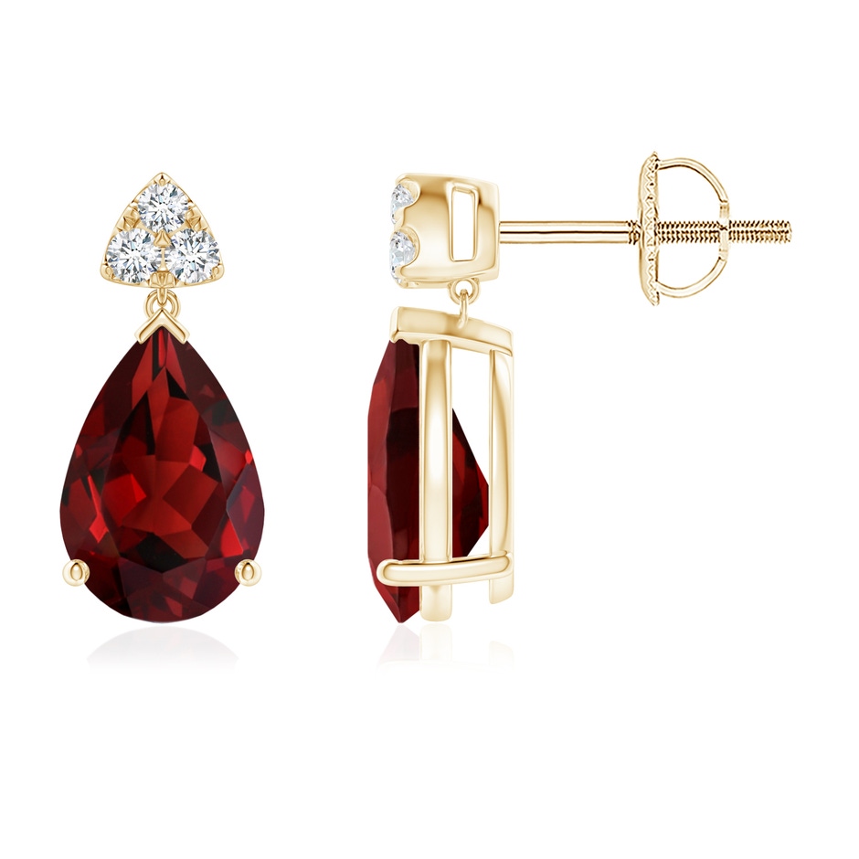 9x6mm AAAA Pear-Shaped Garnet Drop Earrings with Trio Diamonds in Yellow Gold 