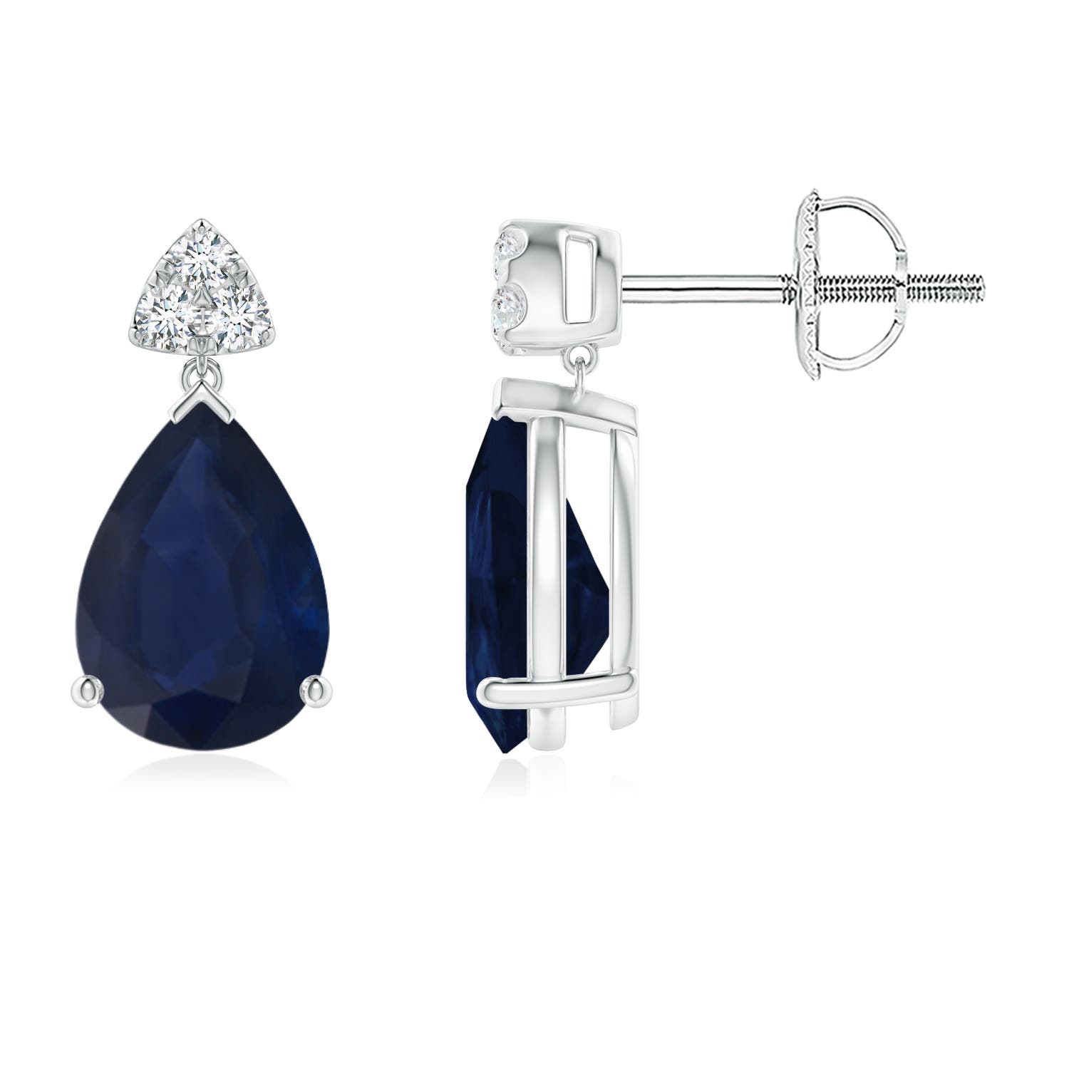 8x6mm A Pear-Shaped Sapphire Drop Earrings with Trio Diamonds in P950 Platinum