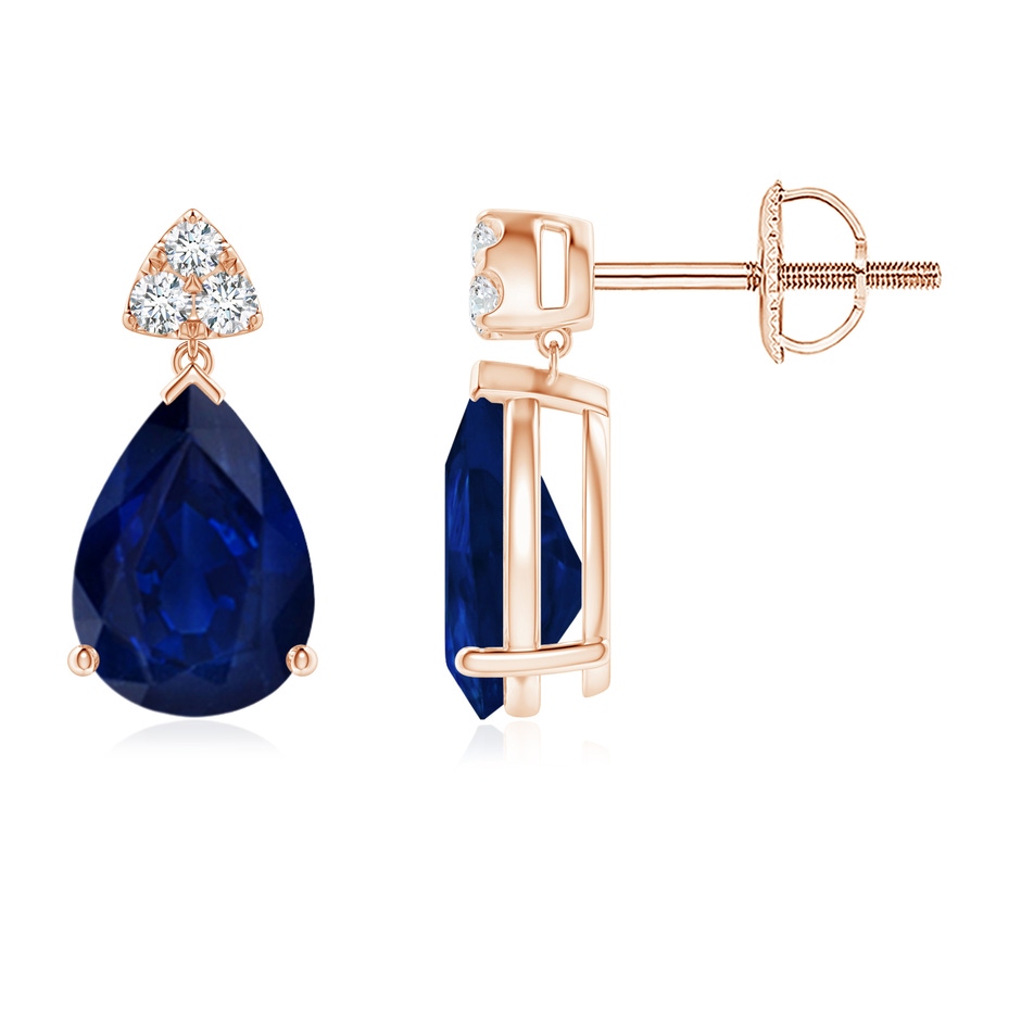 8x6mm AA Pear-Shaped Sapphire Drop Earrings with Trio Diamonds in Rose Gold 