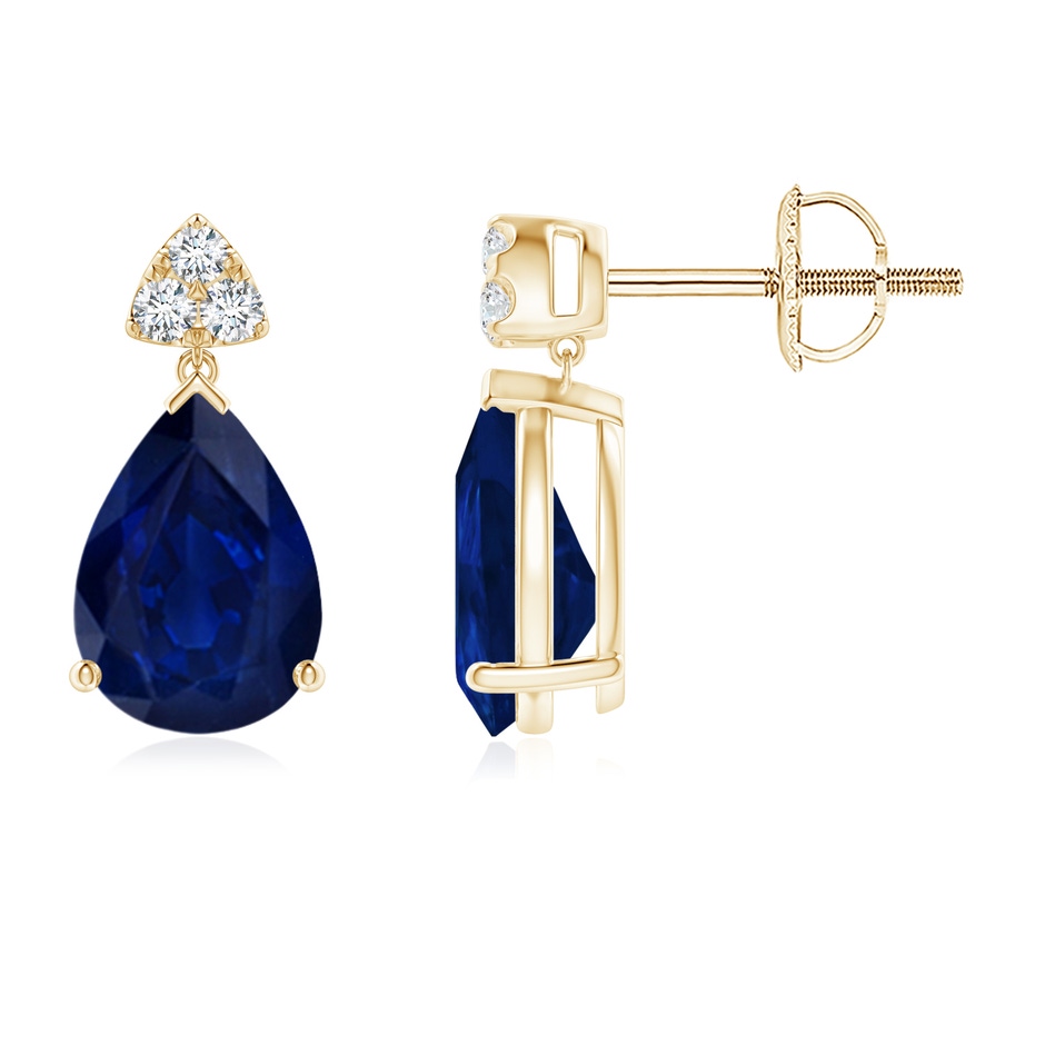 8x6mm AA Pear-Shaped Sapphire Drop Earrings with Trio Diamonds in Yellow Gold 