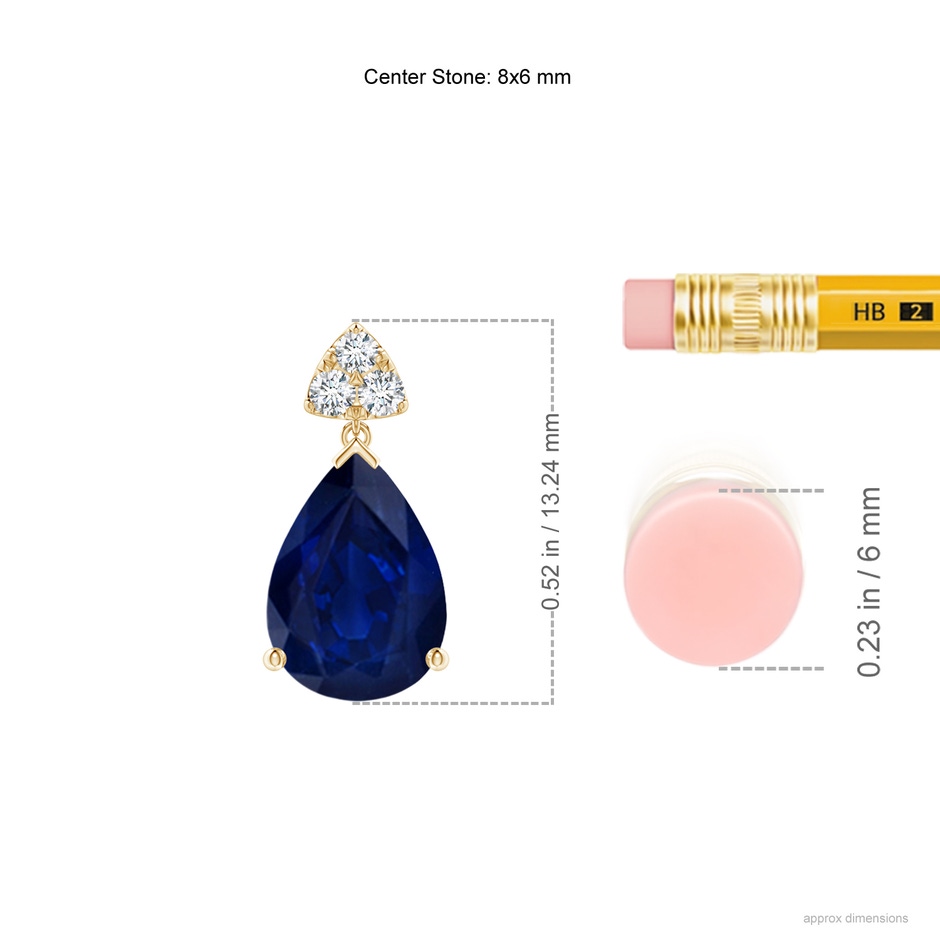 8x6mm AA Pear-Shaped Sapphire Drop Earrings with Trio Diamonds in Yellow Gold ruler
