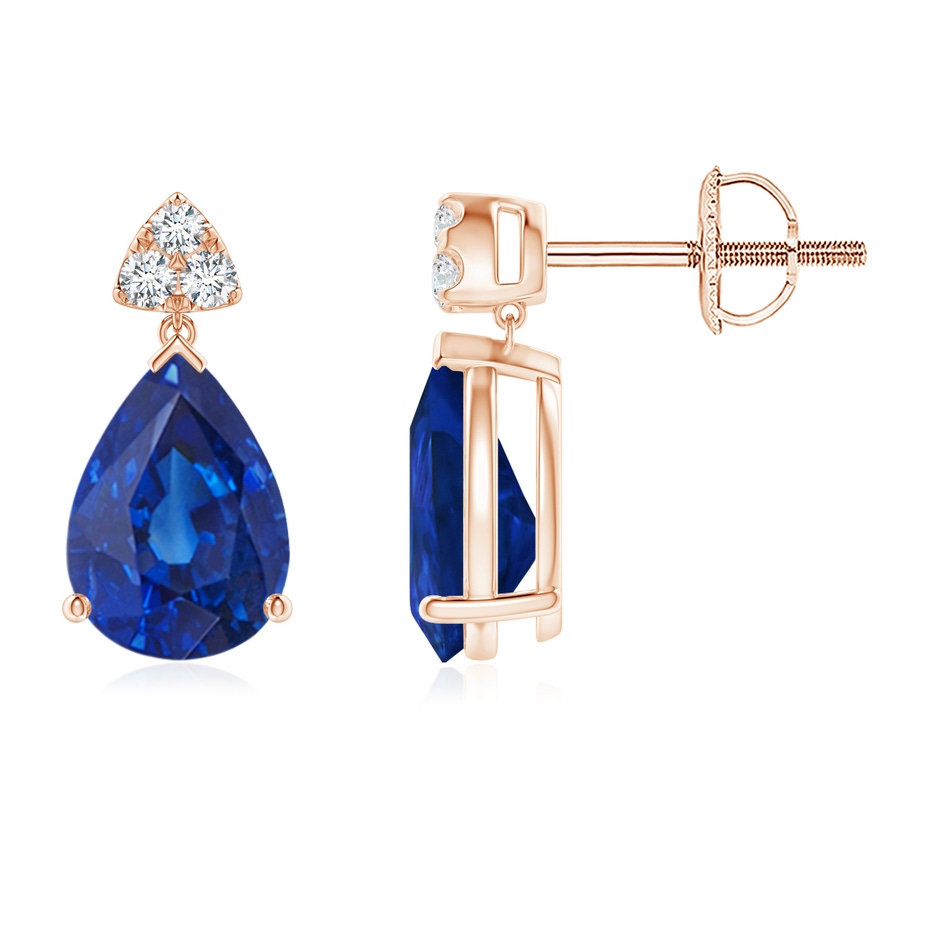 8x6mm AAA Pear-Shaped Sapphire Drop Earrings with Trio Diamonds in Rose Gold 