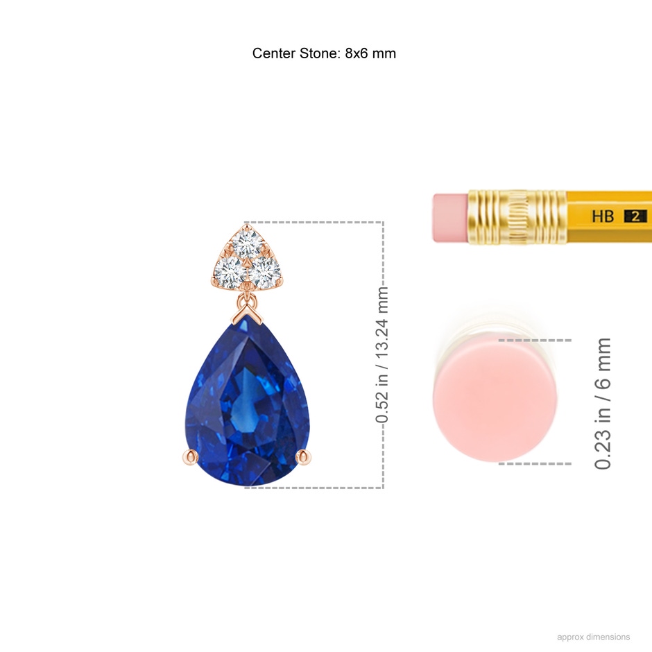 8x6mm AAA Pear-Shaped Sapphire Drop Earrings with Trio Diamonds in Rose Gold ruler
