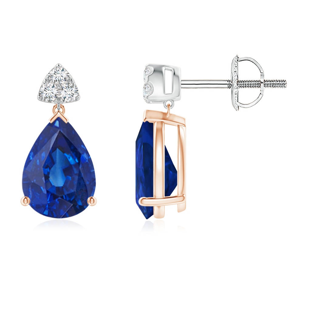 8x6mm AAA Pear-Shaped Sapphire Drop Earrings with Trio Diamonds in Rose Gold White Gold