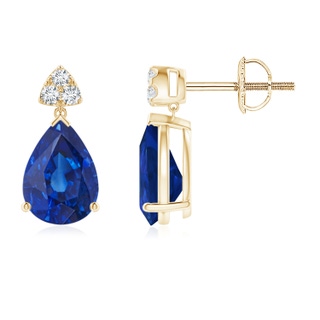 8x6mm AAA Pear-Shaped Sapphire Drop Earrings with Trio Diamonds in Yellow Gold