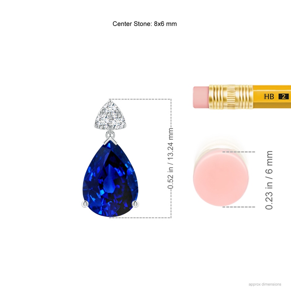 8x6mm AAAA Pear-Shaped Sapphire Drop Earrings with Trio Diamonds in P950 Platinum ruler