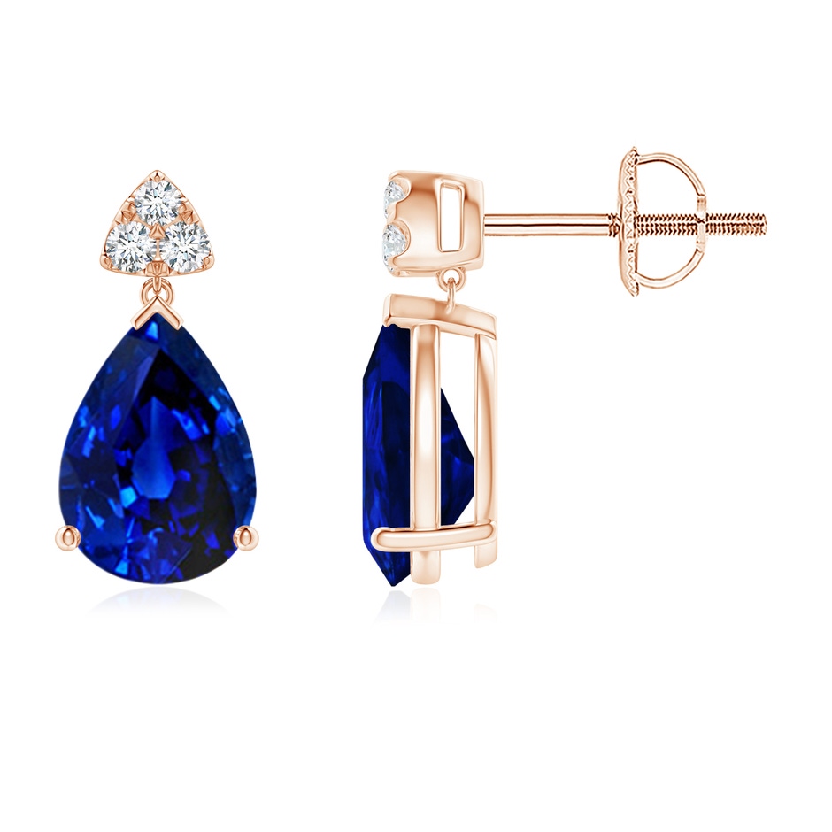 8x6mm AAAA Pear-Shaped Sapphire Drop Earrings with Trio Diamonds in Rose Gold 