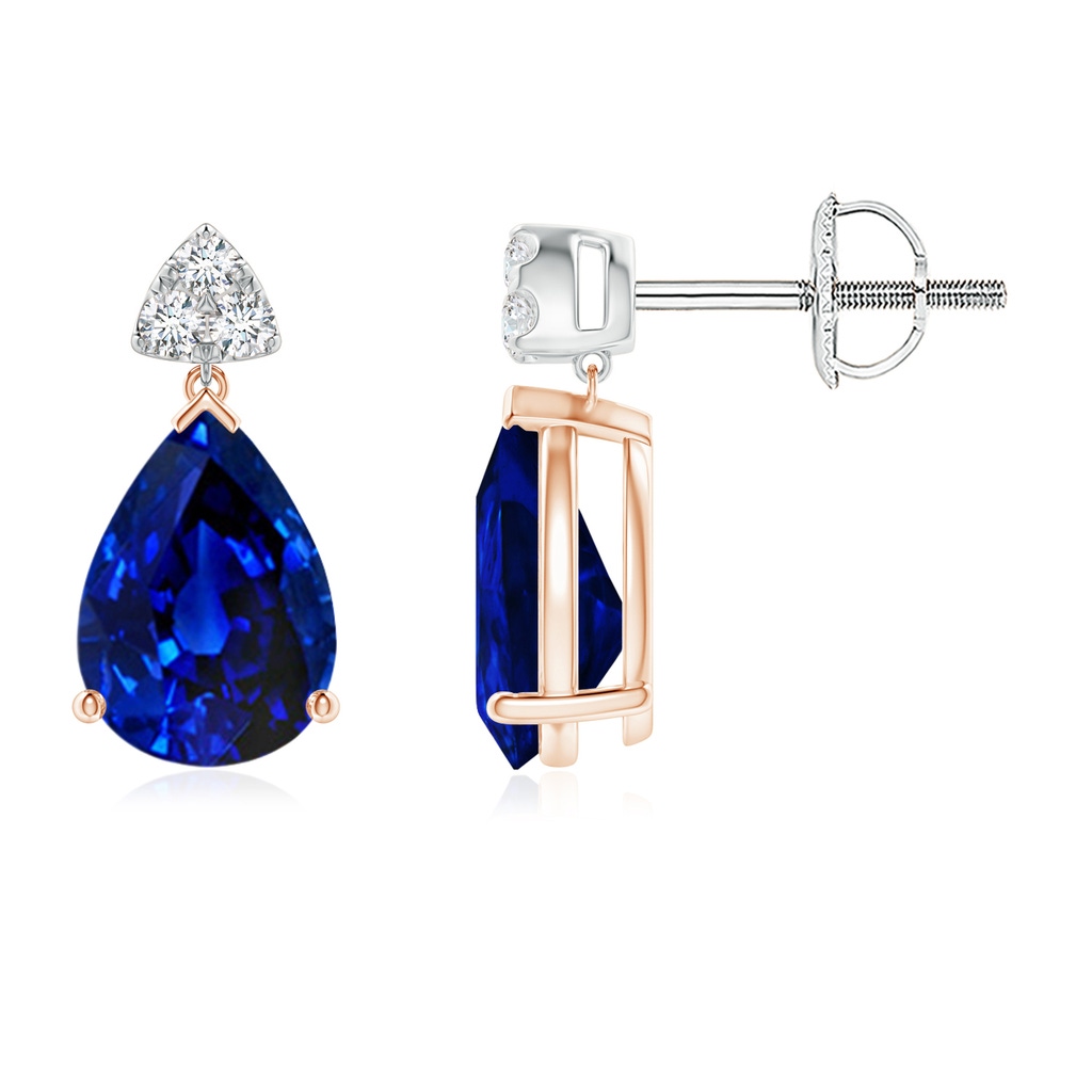 8x6mm AAAA Pear-Shaped Sapphire Drop Earrings with Trio Diamonds in Rose Gold White Gold