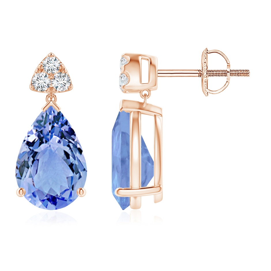 10x7mm A Pear-Shaped Tanzanite Drop Earrings with Trio Diamonds in Rose Gold 