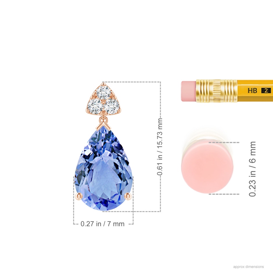10x7mm A Pear-Shaped Tanzanite Drop Earrings with Trio Diamonds in Rose Gold ruler