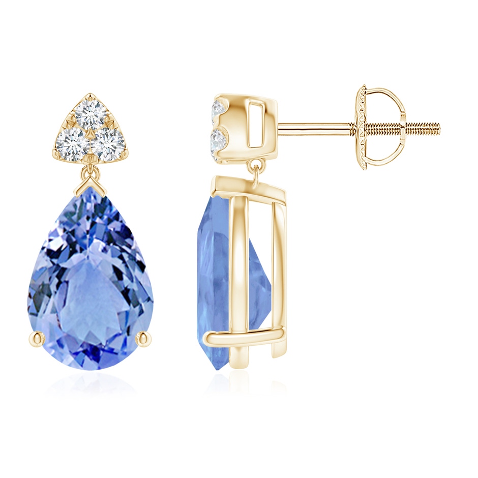 10x7mm A Pear-Shaped Tanzanite Drop Earrings with Trio Diamonds in Yellow Gold 
