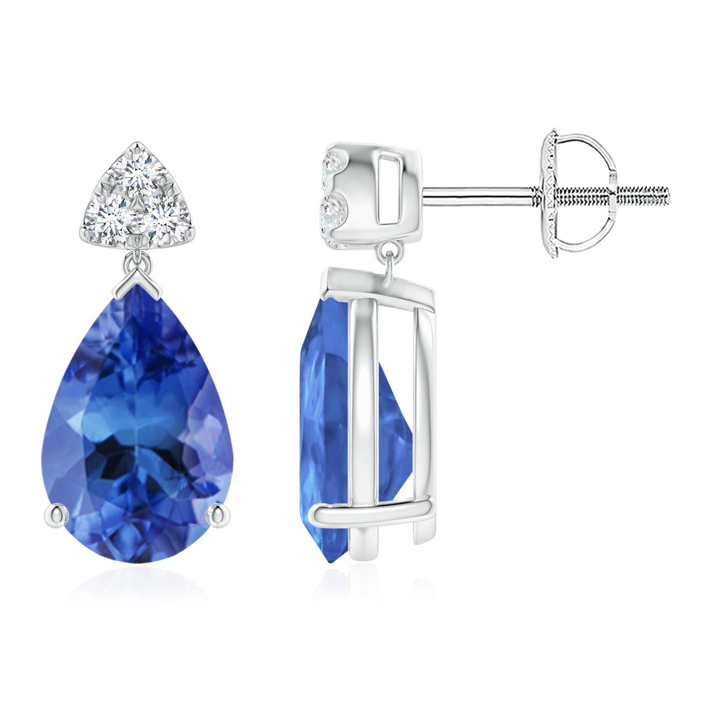 10x7mm AA Pear-Shaped Tanzanite Drop Earrings with Trio Diamonds in P950 Platinum