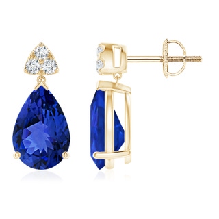 10x7mm AAA Pear-Shaped Tanzanite Drop Earrings with Trio Diamonds in Yellow Gold