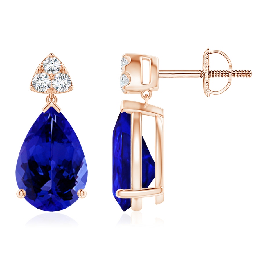 10x7mm AAAA Pear-Shaped Tanzanite Drop Earrings with Trio Diamonds in Rose Gold 