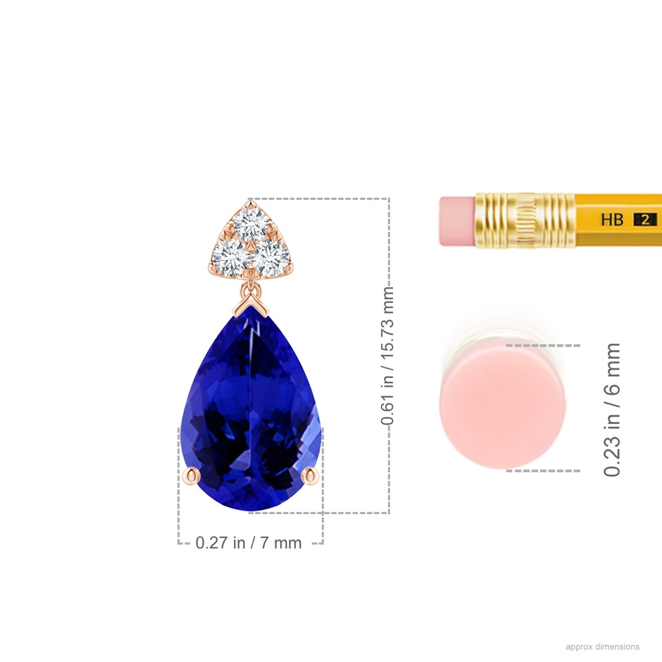 10x7mm AAAA Pear-Shaped Tanzanite Drop Earrings with Trio Diamonds in Rose Gold ruler