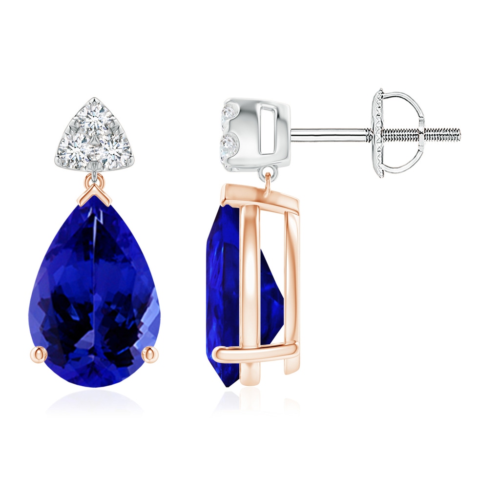 10x7mm AAAA Pear-Shaped Tanzanite Drop Earrings with Trio Diamonds in Rose Gold White Gold