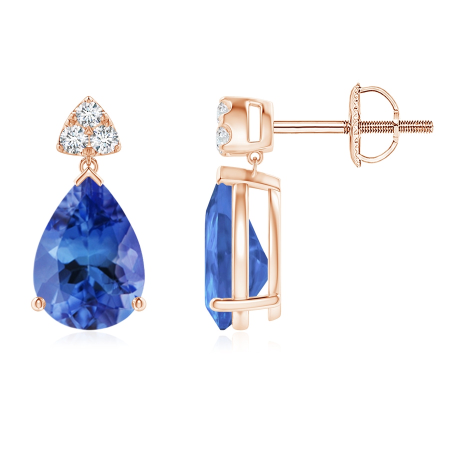 8x6mm AA Pear-Shaped Tanzanite Drop Earrings with Trio Diamonds in Rose Gold 