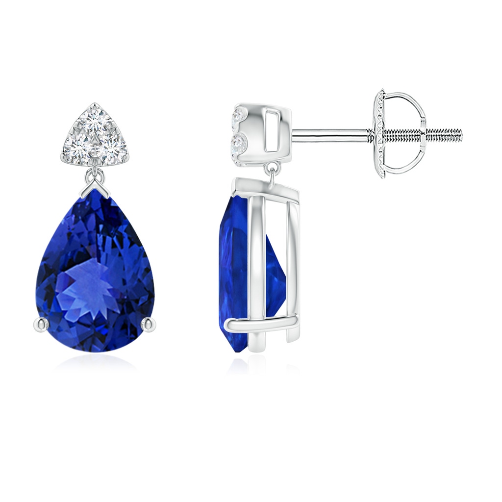 8x6mm AAA Pear-Shaped Tanzanite Drop Earrings with Trio Diamonds in White Gold