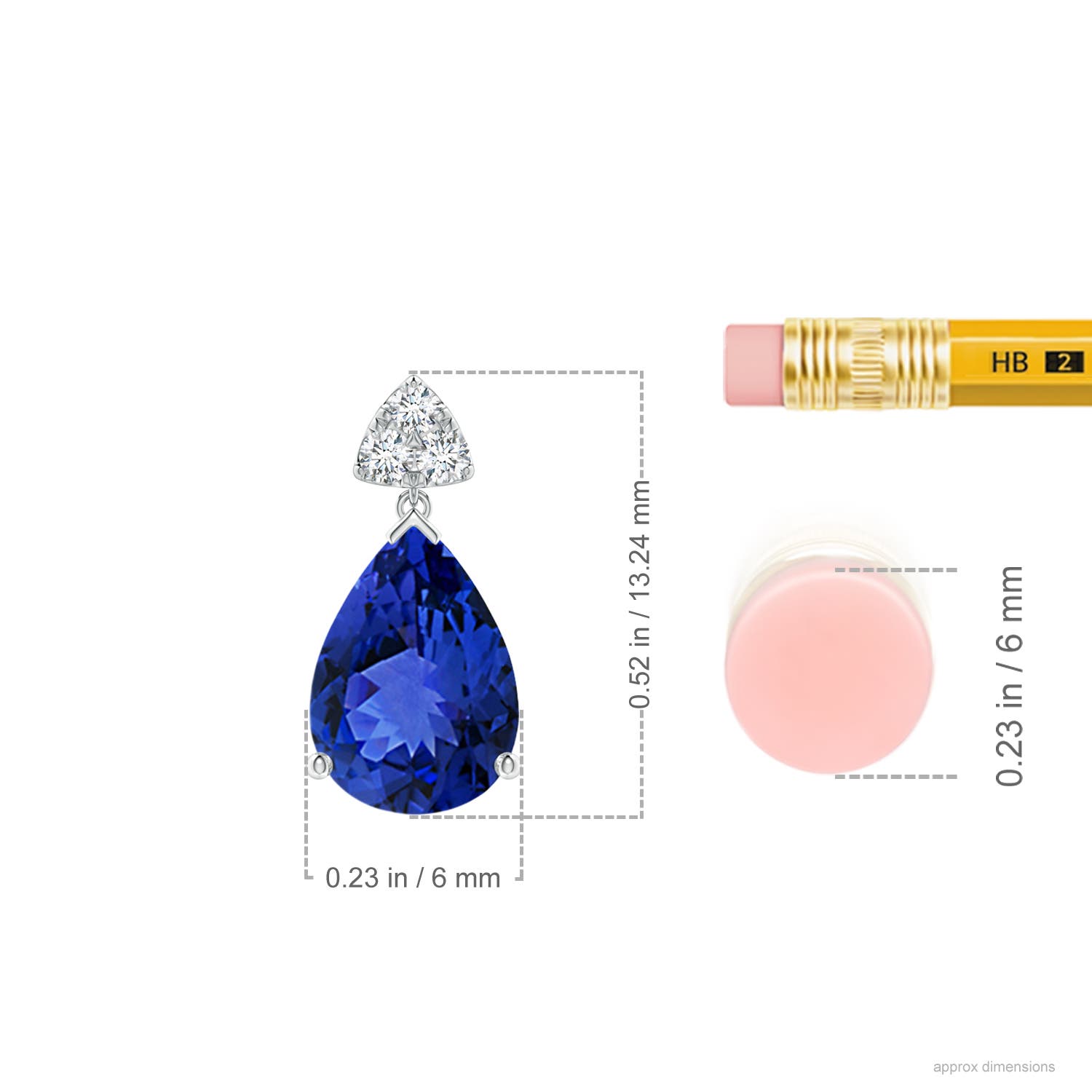 8x6mm AAA Pear-Shaped Tanzanite Drop Earrings with Trio Diamonds in White Gold - ruler