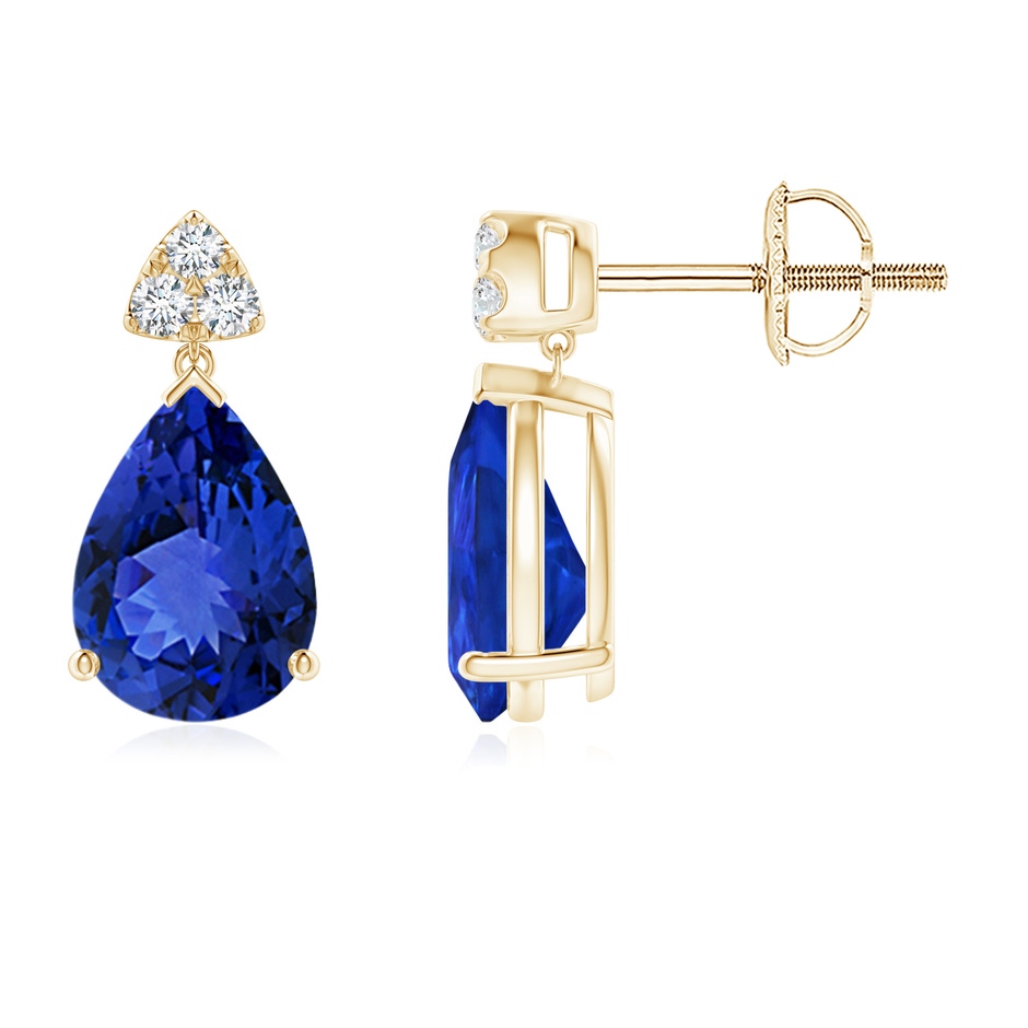 8x6mm AAA Pear-Shaped Tanzanite Drop Earrings with Trio Diamonds in Yellow Gold 