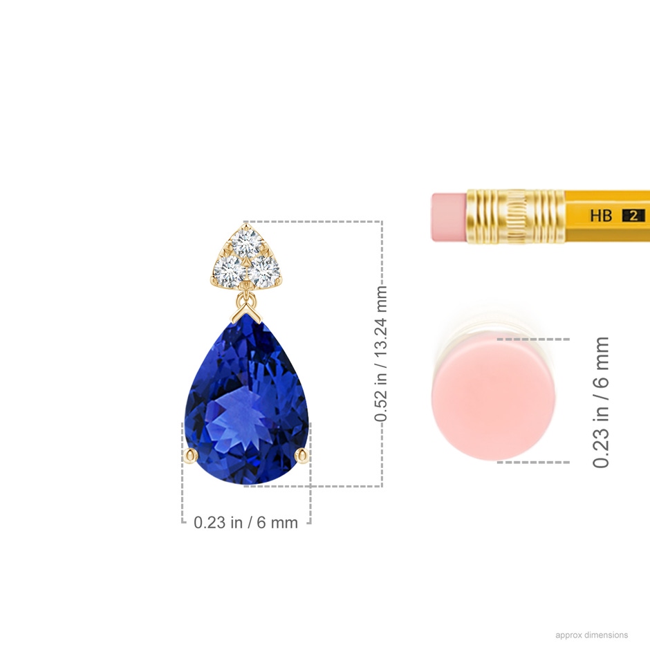 8x6mm AAA Pear-Shaped Tanzanite Drop Earrings with Trio Diamonds in Yellow Gold ruler