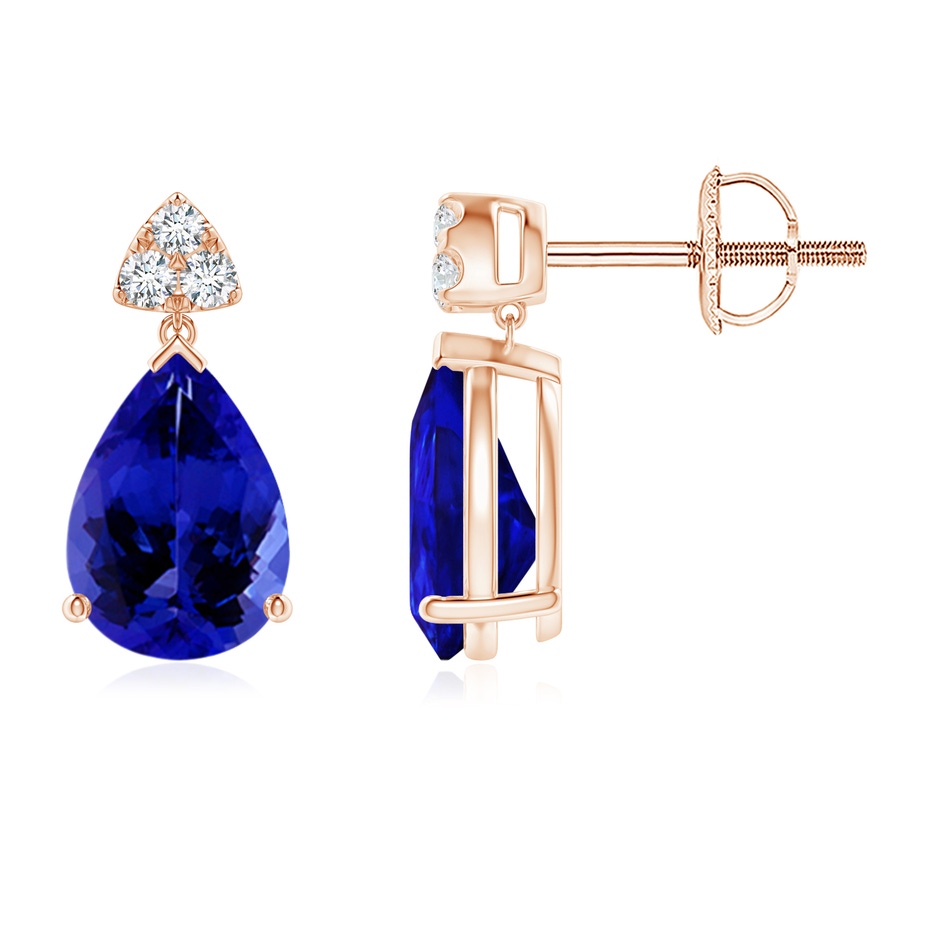 8x6mm AAAA Pear-Shaped Tanzanite Drop Earrings with Trio Diamonds in Rose Gold 