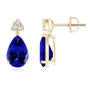 9x6mm AAAA Pear-Shaped Tanzanite Drop Earrings with Trio Diamonds in Yellow Gold