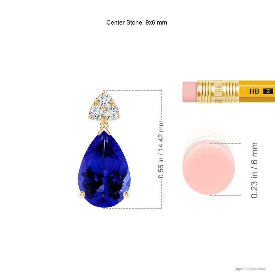 9x6mm AAAA Pear-Shaped Tanzanite Drop Earrings with Trio Diamonds in Yellow Gold ruler