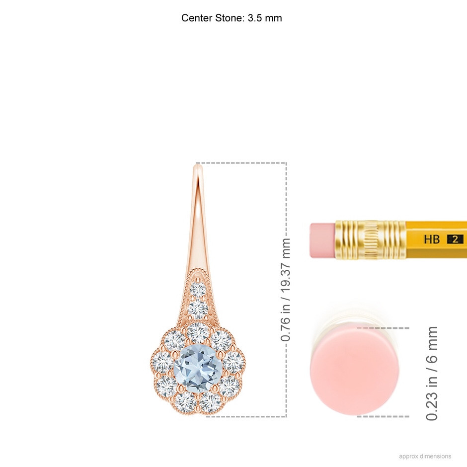 3.5mm A Aquamarine and Diamond Halo Fish Hook Earrings with Milgrain in Rose Gold ruler