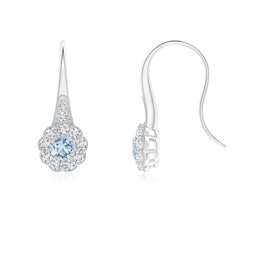 3.5mm A Aquamarine and Diamond Halo Fish Hook Earrings with Milgrain in White Gold 