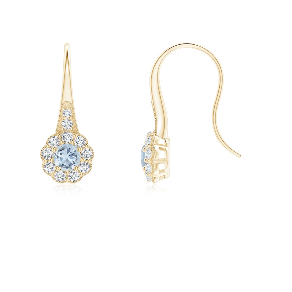 3.5mm A Aquamarine and Diamond Halo Fish Hook Earrings with Milgrain in Yellow Gold 