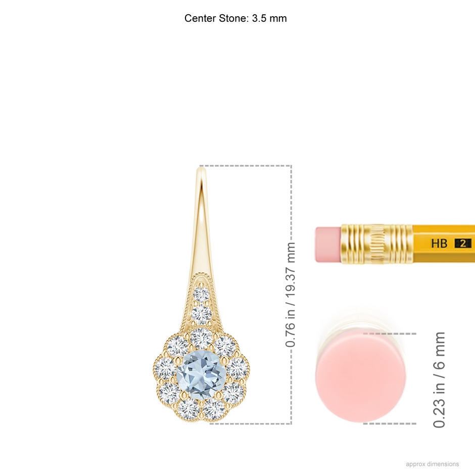 3.5mm A Aquamarine and Diamond Halo Fish Hook Earrings with Milgrain in Yellow Gold ruler