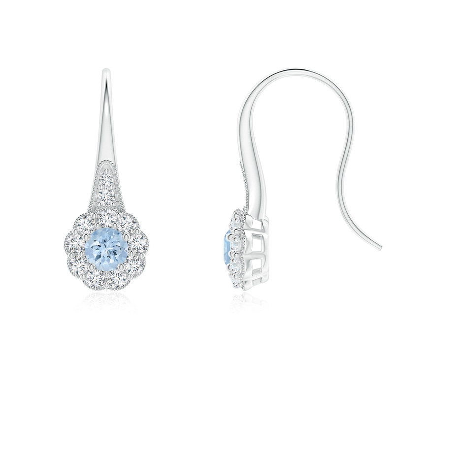 3.5mm AA Aquamarine and Diamond Halo Fish Hook Earrings with Milgrain in White Gold 