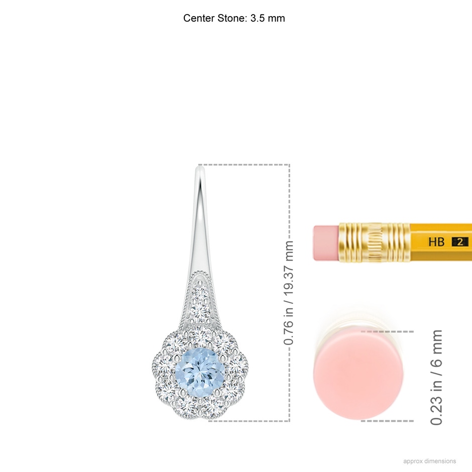 3.5mm AA Aquamarine and Diamond Halo Fish Hook Earrings with Milgrain in White Gold ruler