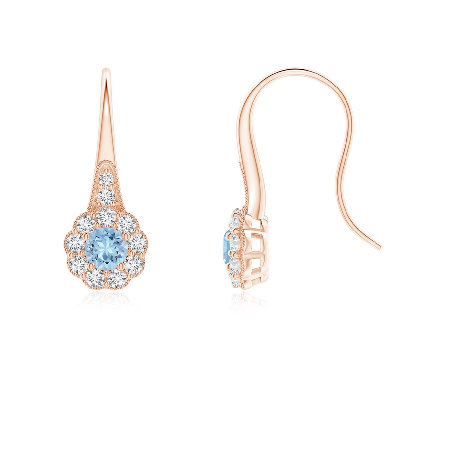 3.5mm AAA Aquamarine and Diamond Halo Fish Hook Earrings with Milgrain in Rose Gold 