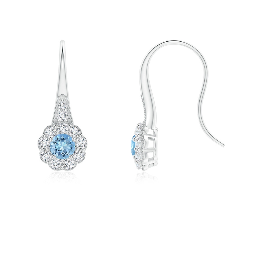 3.5mm AAAA Aquamarine and Diamond Halo Fish Hook Earrings with Milgrain in P950 Platinum 