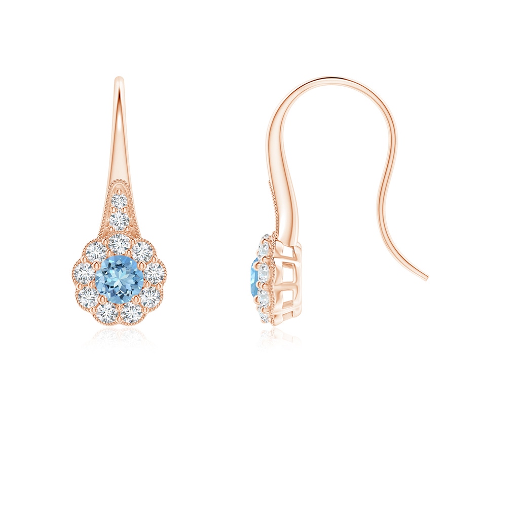 3.5mm AAAA Aquamarine and Diamond Halo Fish Hook Earrings with Milgrain in Rose Gold