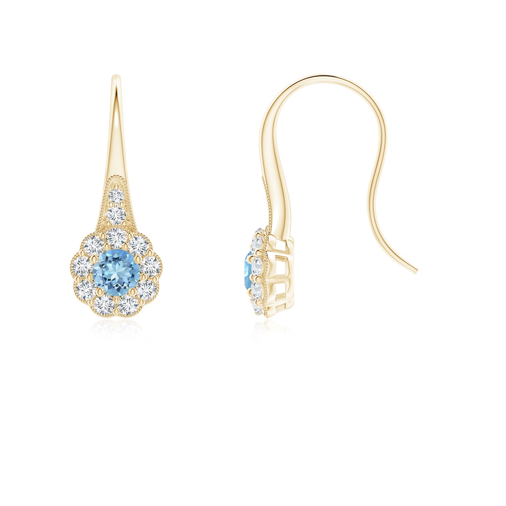 3.5mm AAAA Aquamarine and Diamond Halo Fish Hook Earrings with Milgrain in Yellow Gold