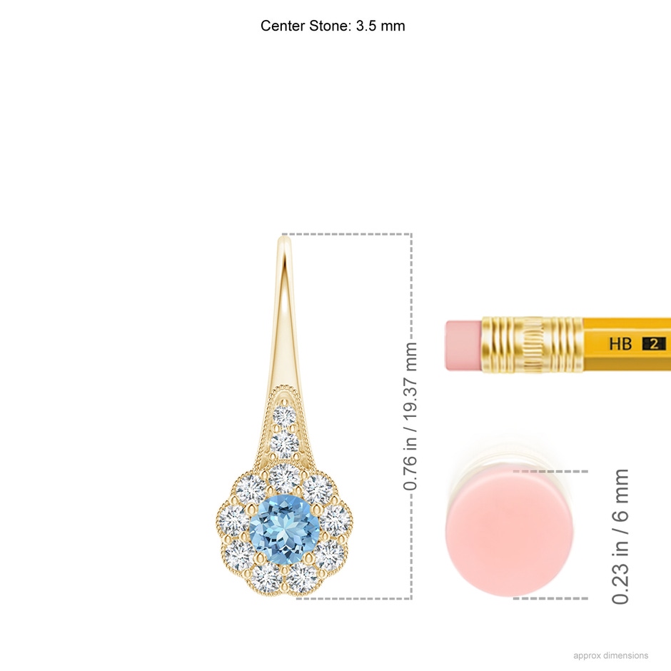 3.5mm AAAA Aquamarine and Diamond Halo Fish Hook Earrings with Milgrain in Yellow Gold ruler