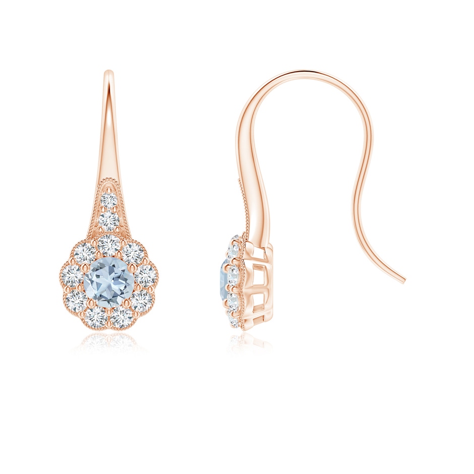 4mm A Aquamarine and Diamond Halo Fish Hook Earrings with Milgrain in Rose Gold 