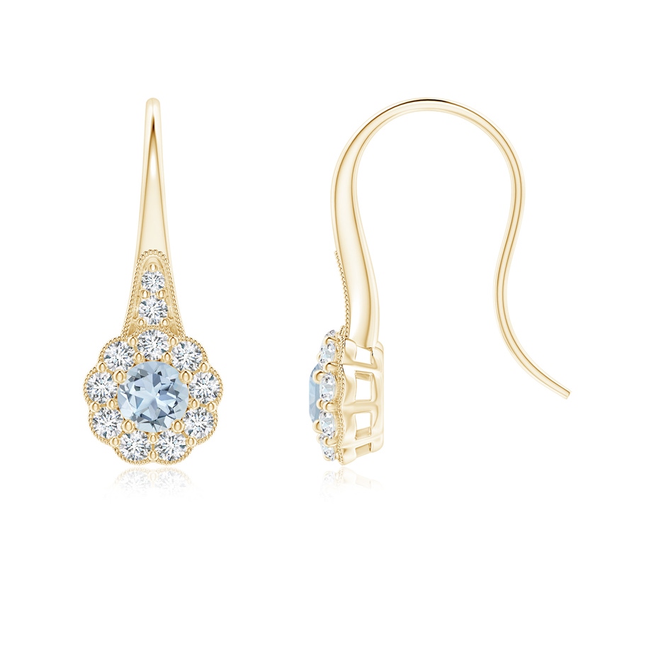 4mm A Aquamarine and Diamond Halo Fish Hook Earrings with Milgrain in Yellow Gold 