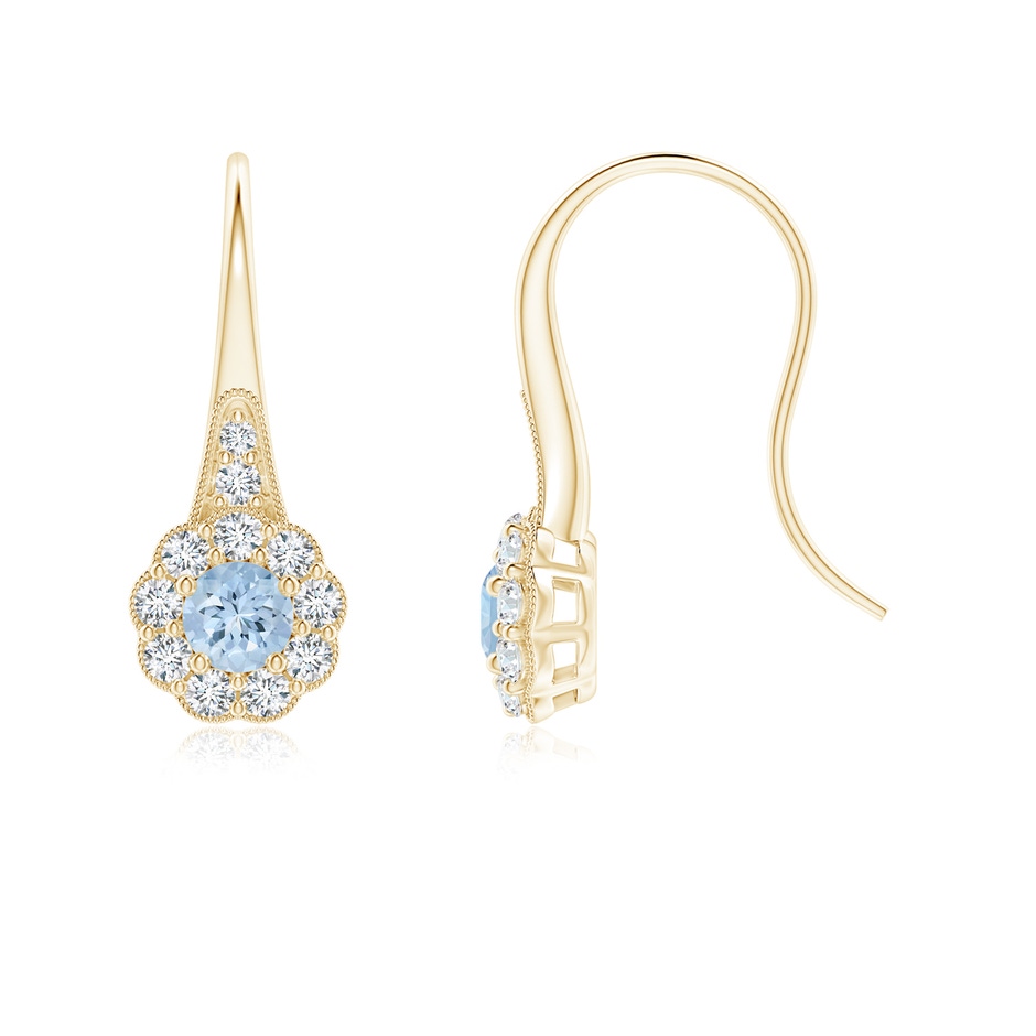 4mm AA Aquamarine and Diamond Halo Fish Hook Earrings with Milgrain in Yellow Gold 
