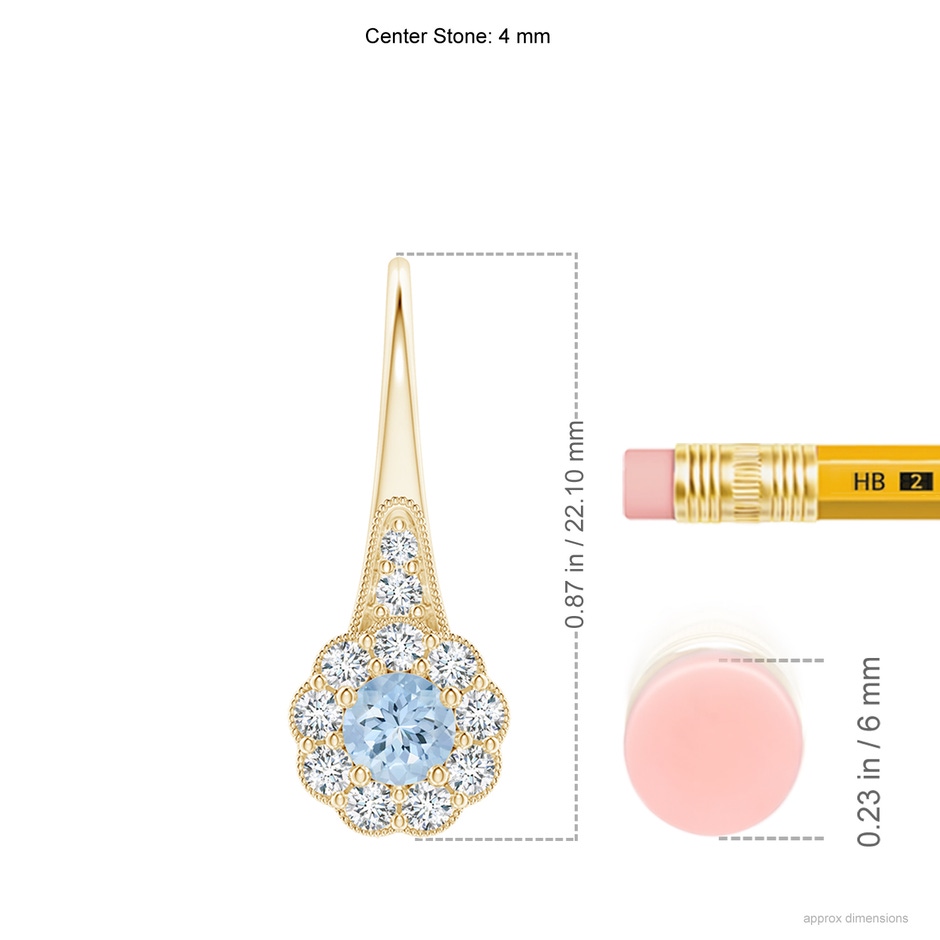 4mm AA Aquamarine and Diamond Halo Fish Hook Earrings with Milgrain in Yellow Gold ruler