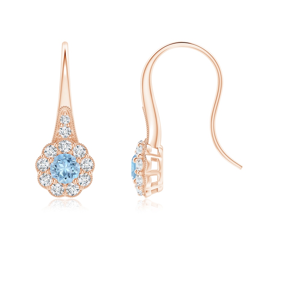 4mm AAA Aquamarine and Diamond Halo Fish Hook Earrings with Milgrain in Rose Gold 