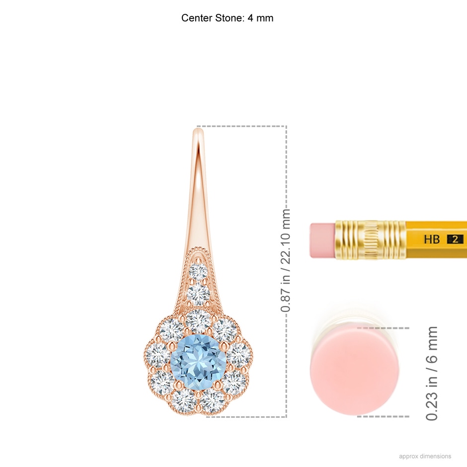 4mm AAA Aquamarine and Diamond Halo Fish Hook Earrings with Milgrain in Rose Gold ruler