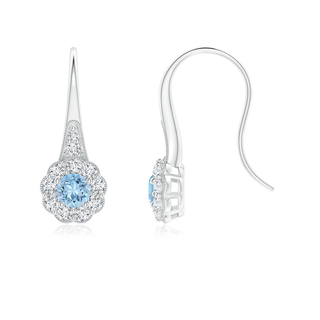 4mm AAA Aquamarine and Diamond Halo Fish Hook Earrings with Milgrain in White Gold